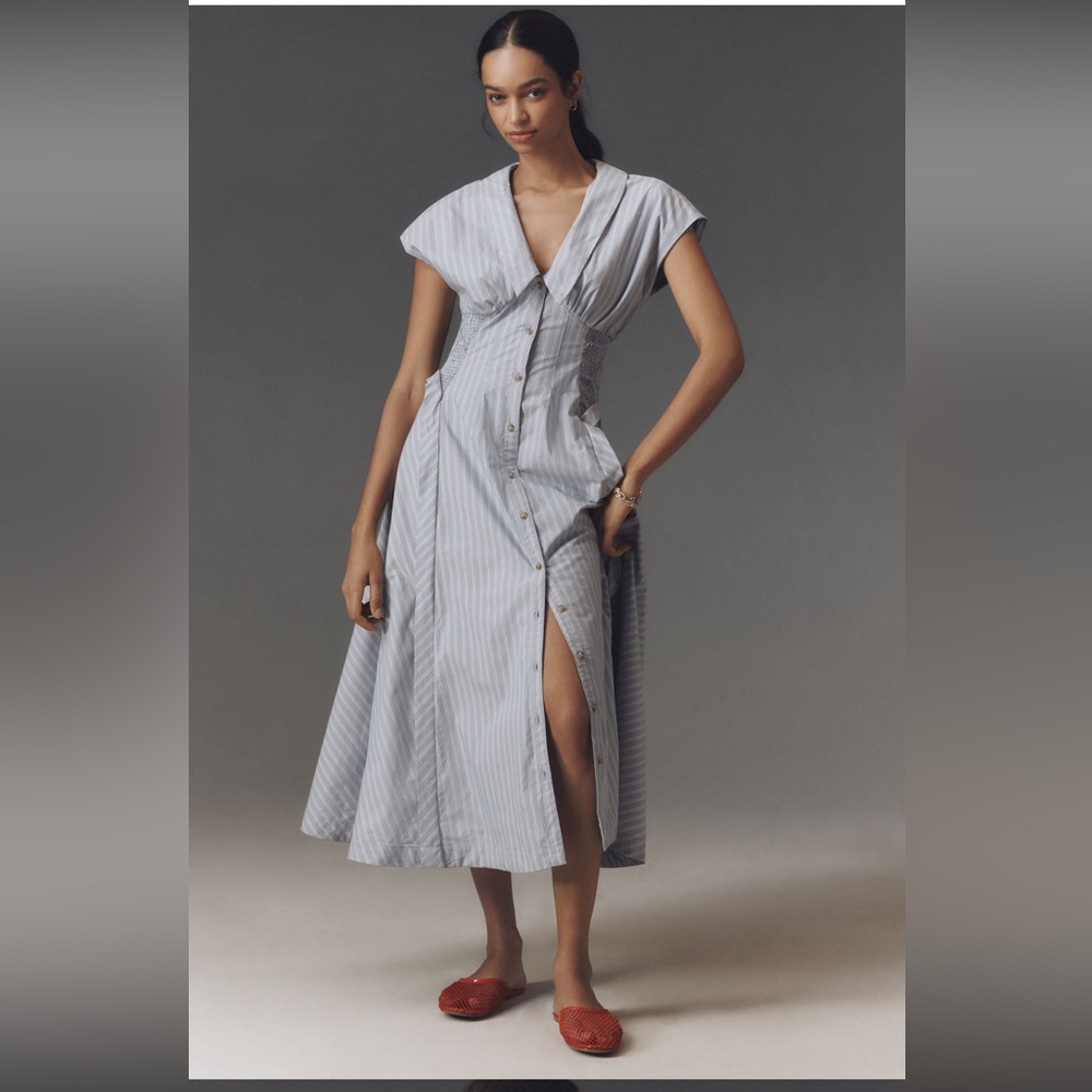 NWT Anthropologie Blue& White A-Line pleated Midi Dress Sailor collar size Large